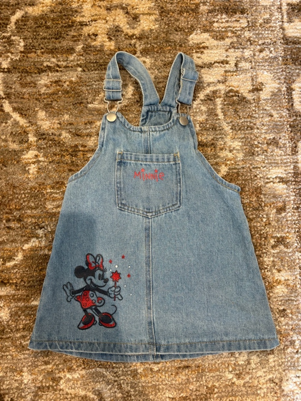 Disney Denim Minnie Mouse Overalls Dress in Light Blue with Red Accents